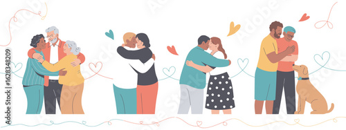 Happy Family Reunion Set with Cuddling Parents Kids Grandparents and Pet Dog in Bright Flat Style Showing Support Unity and Affection Isolated on White Background