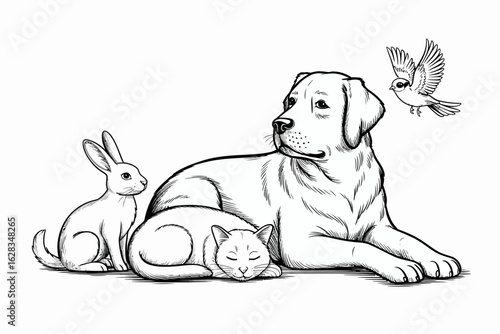 Serene black and white line art illustration featuring a peaceful dog, cat, rabbit, and bird resting together in harmony, symbolizing animal friendship, calmness, and interspecies companionship.