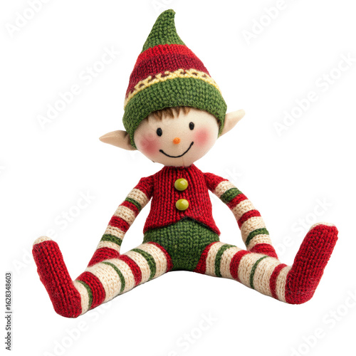 Christmas elf doll in red and green knit outfit isolated on transparent background