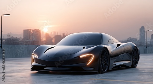 Sleek black sports car on a city rooftop parking garage at sunrise