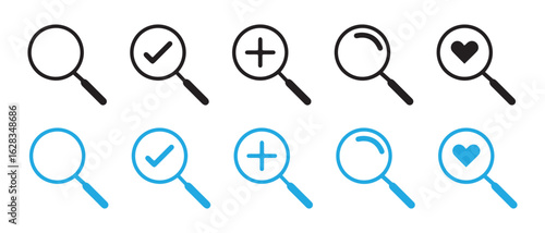 Magnifying Glass Icons. Black and Blue Variants with Check, Plus, Arrow, and Heart Symbols.