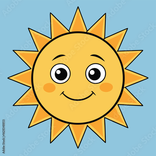 A stylized sun depicted in a flat design, showcasing vibrant yellow rays emanating from a circular core