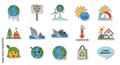 A collection of colorful stickers illustrating climate change concepts, including melting glaciers, rising sea levels, and renewable energy, promoting environmental awareness and action.
