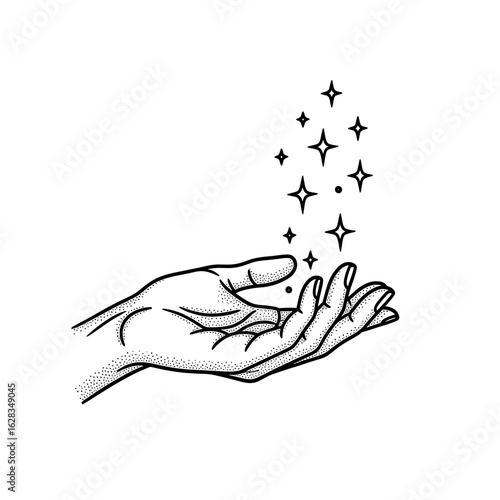 A stylized hand releasing glittering stars, a graphic representation of magic or wish fulfillment.