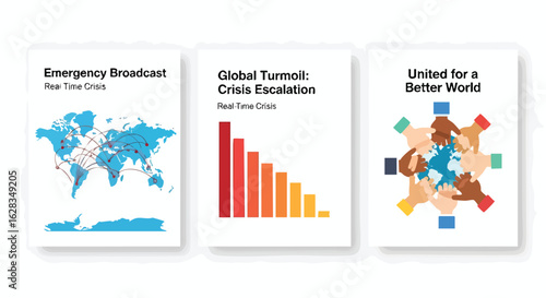 A collection of three informational graphics depicting global crisis, escalation of turmoil, and unity for a better world, presented on a white background.
