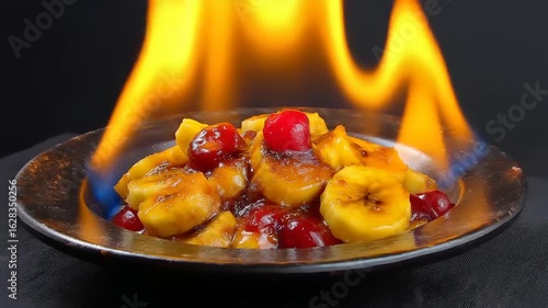 Delicious flamb?ed bananas foster dessert with cherries and fiery flame effect food shot