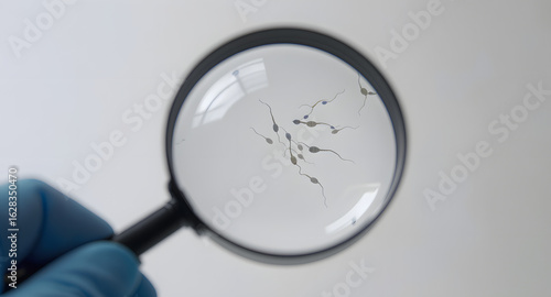 Magnifying glass revealing the microscopic activity of sperm for medical research