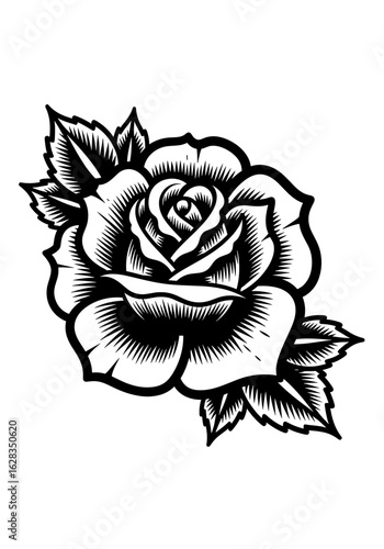 A classic black and white illustration of a rose, detailed with shading and leaves, suitable for tattoo design or print.