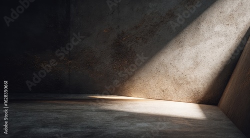 Dark concrete interior, sunbeam spotlight