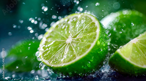 A macro shot of a freshly sliced lime with vibrant green skin and glistening juice droplets, surrounded by dynamic water splashes