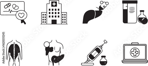 Medical and Health Icons Including Hospital, Organs, Syringe, and Laptop medical icon building
