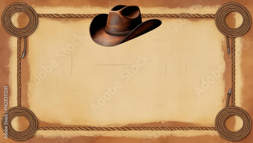Western Theme Background with Cowboy Hat and Lasso Frame for Text