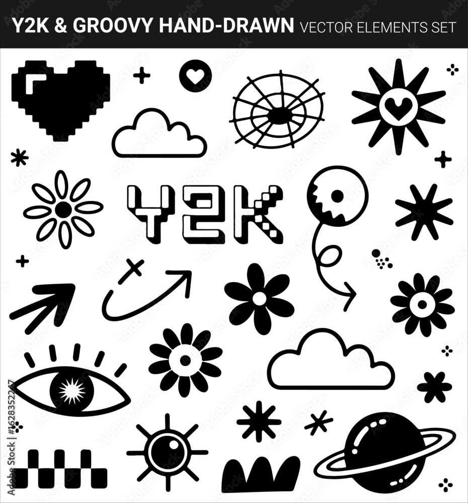 Obraz premium Quality full Y2K & Groovy Hand-Drawn Vector Elements Set