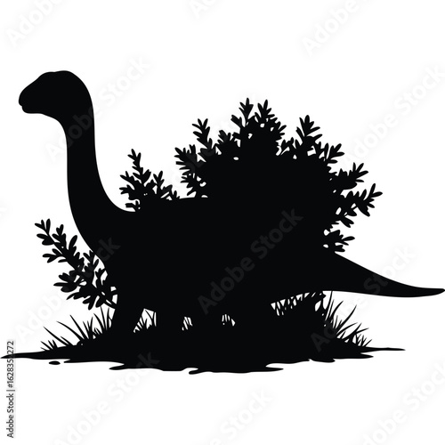 Silhouette of Sauropod Dinosaur in Lush Vegetation