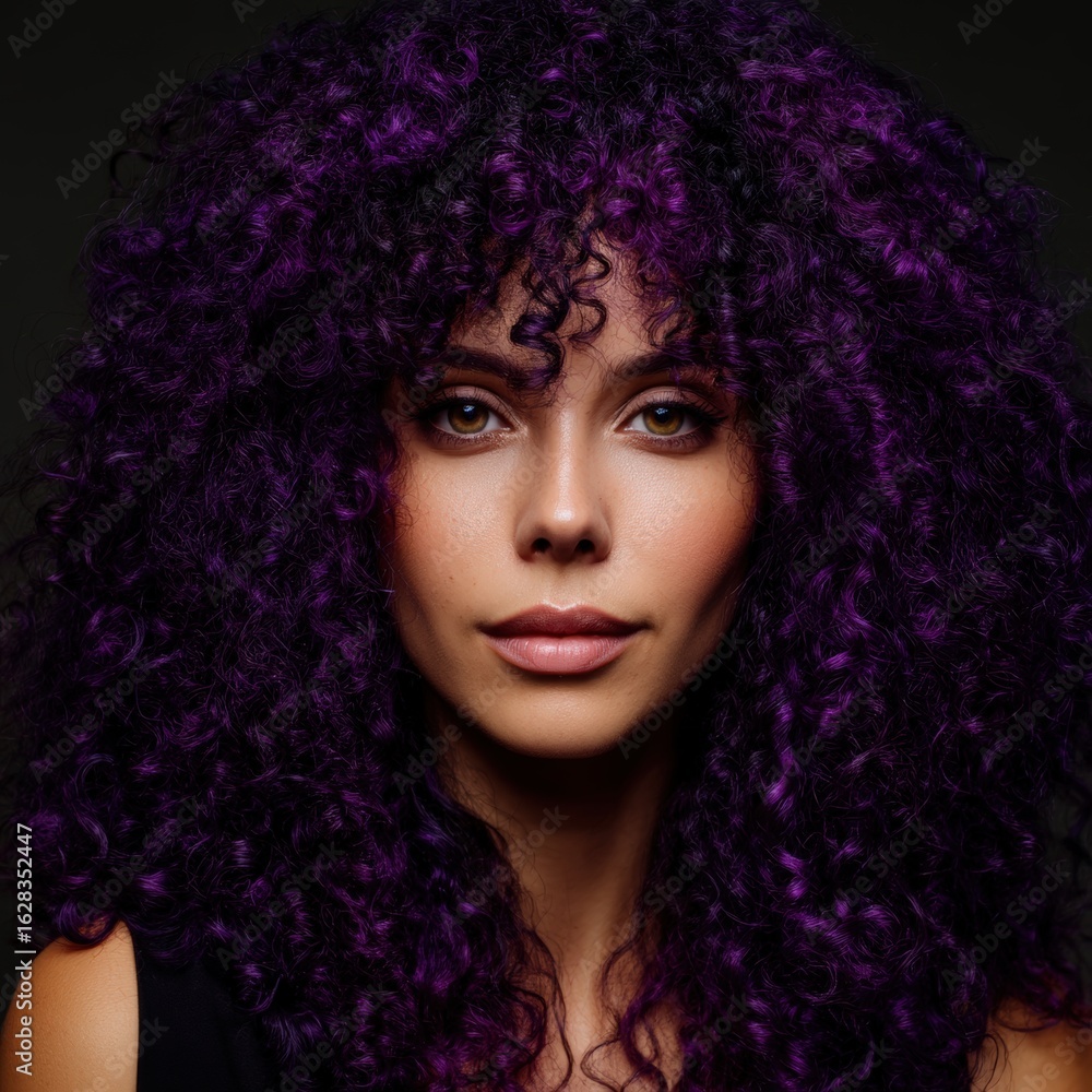 Fototapeta premium Young female model with striking purple curly hairstyle looking confidently at camera in professional studio lighting, trendy beauty portrait for fashion and hair styling commercials
