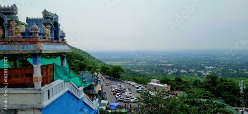 Scenic view from Maruthamalai Temple, a famous hilltop temple in Coimbatore, Tamil Nadu, dedicated to Lord Murugan, known for its serene atmosphere and panoramic city views