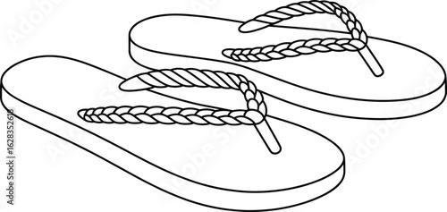 Cad drawing flat vector illustration, braided strap flip-flops, summer sandals, beach footwear, casual shoes, stylish design, vacation wear, outdoor comfort