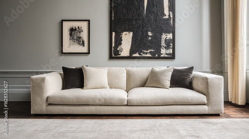 Sunlit Scandinavian living room with light sofa and abstract wall decor, warm cozy atmosphere, wide depth inviting modern home