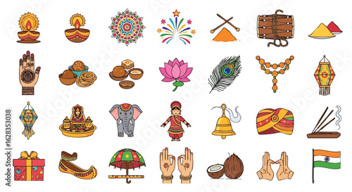 A vibrant collection of colorful Indian cultural icons and symbols, including religious items, festive decorations, and traditional elements, arranged on a white background.
