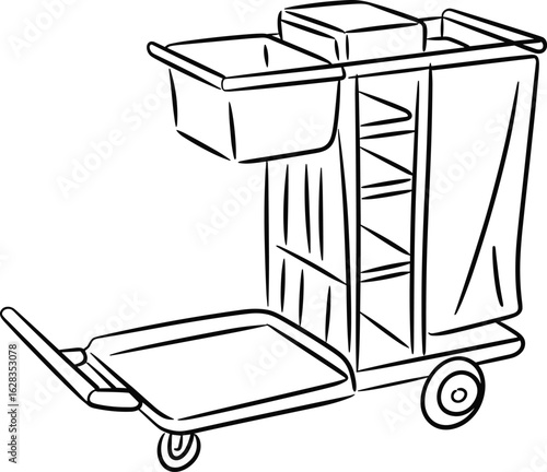 Housekeeping cart with cleaning supplies, hotel maintenance equipment, janitorial service gear, organized storage bins, efficient cleaning tools, professional cleaning cart