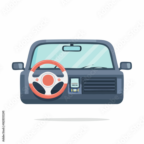 Front view of a car interior dashboard with steering wheel and console display panel.