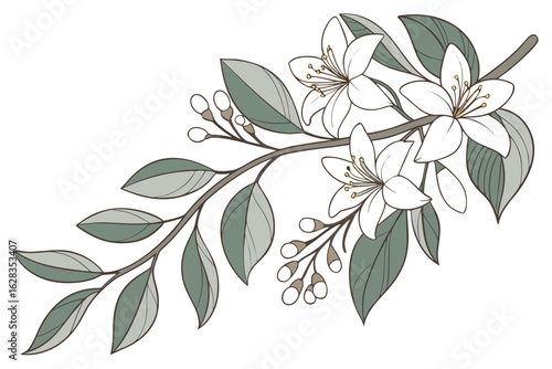  detailed botanical frame, lush floral garland, white flowers, eucalyptus leaves, delicate botanical elements, ethereal nature-inspired design, elegant frame illustration, soft color palette, high d