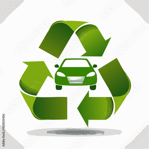 Green car within a recycling symbol promoting eco-friendly transportation and sustainability.
