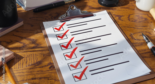 Checklist on Clipboard with Red Check Marks Workspace on Wood Surface Close Up