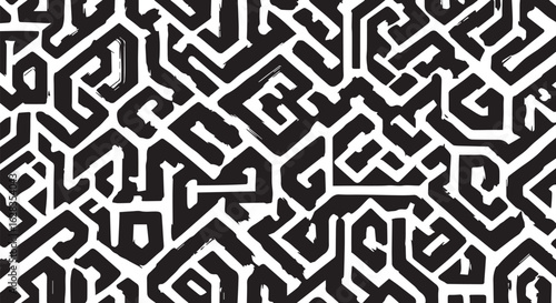 Intricate black and white geometric maze pattern isolated on transparent background