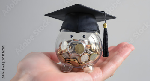 Saving for Education: Piggy Bank with Graduation Cap Filled with Coins