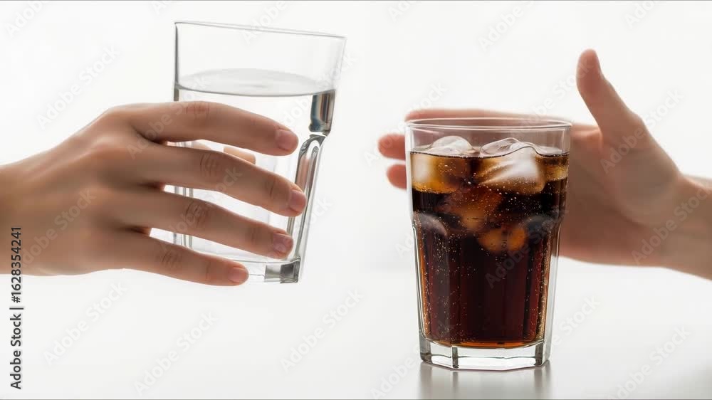 A hand chooses a glass of pure water, rejecting a sugary soda, a concept that illustrates healthy choices, proper nutrition, and embracing a wellness-focused lifestyle A hand chooses a glass of pure water, rejecting a sugary soda, a concept that illustrates healthy choices, proper nutrition, and embracing a wellness-focused lifestyle
