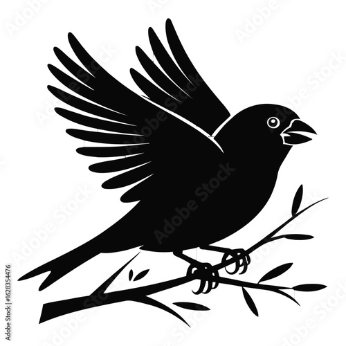Silhouette of a Bird Taking Flight from a Branch Artistic Vector Illustration with Open Wings Detailed Black Design Isolated on White Background