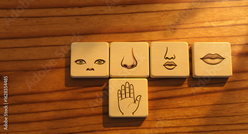 Minimalist illustration of the senses on wooden tiles arranged in a unique pattern
