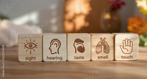 Five Senses Conceptualized with Wooden Blocks: Sight Hearing Taste Smell Touch