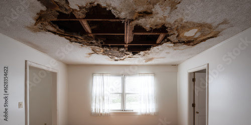 Ceiling with severe water damage and mold in an empty room; concept: home repair issues