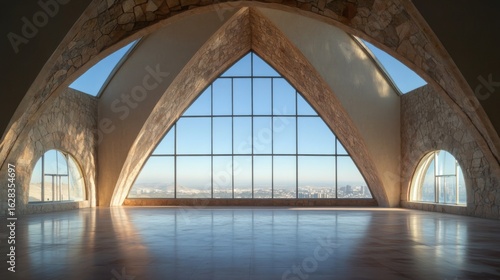 interior of large triangular building, large arched stone windows
