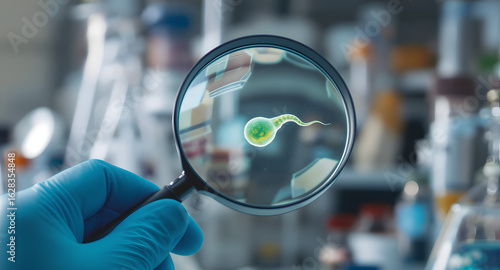 Microscopic scientific view of sperm through a magnifying glass in a laboratory experiment