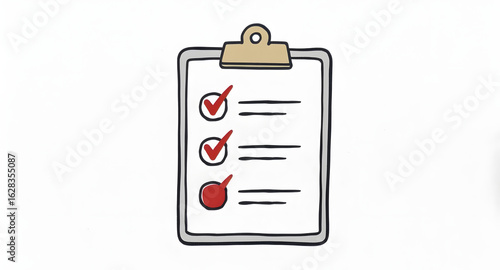 Completed checklist with red checks on a clipboard illustration on white background