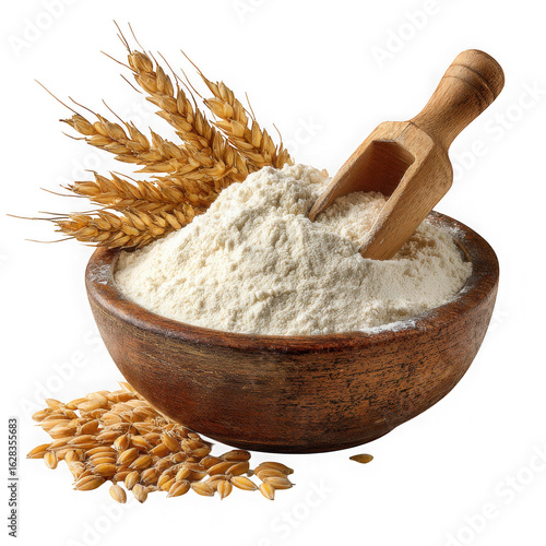 Wooden bowl filled with wheat flour and grain isolated on transparent background