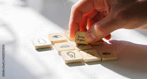 Human hand selecting 'Sense Organs' tile with illustration, concept idea and learning