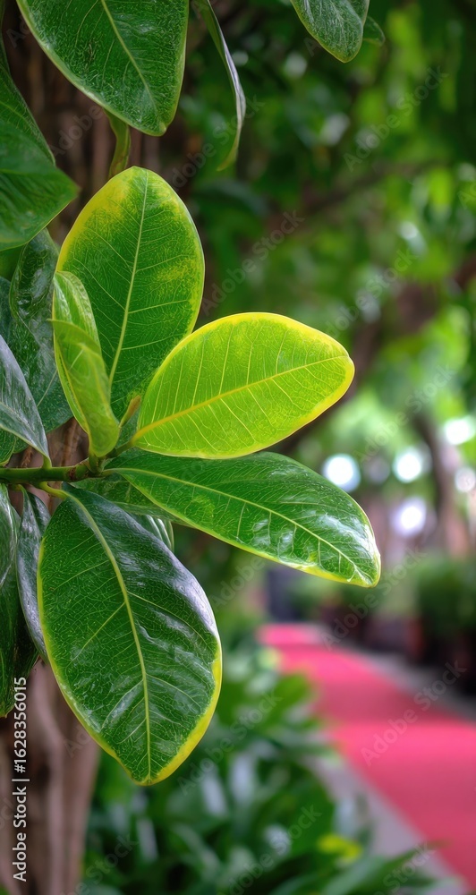Fototapeta premium Close-up of vibrant green leaves with hints of yellow, set against a blurred background of lush foliage and a red path