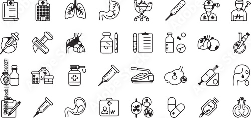 Medical Health Care Icons Set Featuring Lungs Stomach Heart Syringe And Doctor On White Background Keywords: medical, health, care, icons, set, lungs, stomach, heart, syringe, doctor, hospital