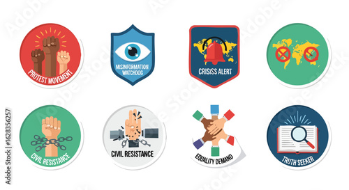 A set of colorful, illustrative circular badges representing social and political movements, including protest, civil resistance, and global crisis awareness, on a white background.