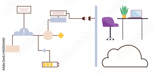 Data flow diagram connecting cloud storage with office setup, cables, power source, and workspace. Ideal for data management, cloud computing, workflow, IoT, remote work innovation simple flat