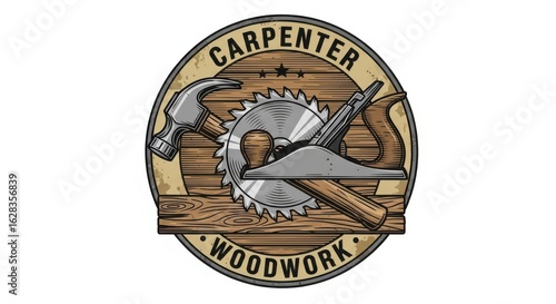 Vintage carpenter woodworking logo with hand tools and wooden details