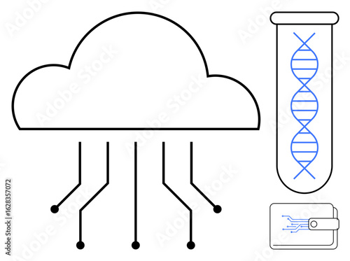 Cloud with circuit nodes, DNA strand in test tube, and digital wallet visualizing futuristic technology integration. Ideal for tech innovation, biotechnology, cloud data, DNA storage, financial tech