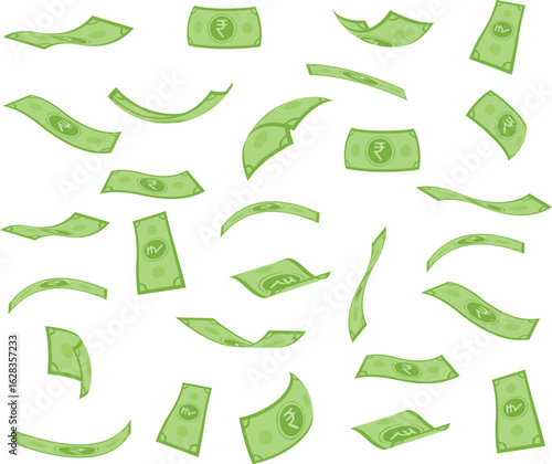 Flying Indian rupee banknotes illustration in green color, flat vector money symbols scattered and floating in air, perfect for financial, banking, investment, economy, and currency design