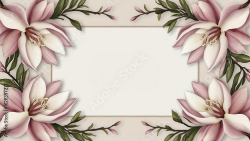 Elegant Magnolia Floral Frame with Copy Space, Perfect for Invitations and Springtime Greetings