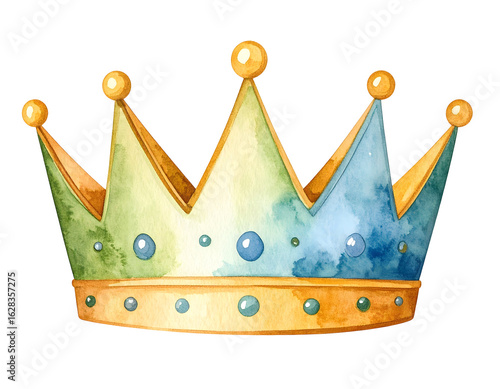 Watercolor crown illustration with golden accents and blue gemstones. Watercolor illustration isolated transparent background