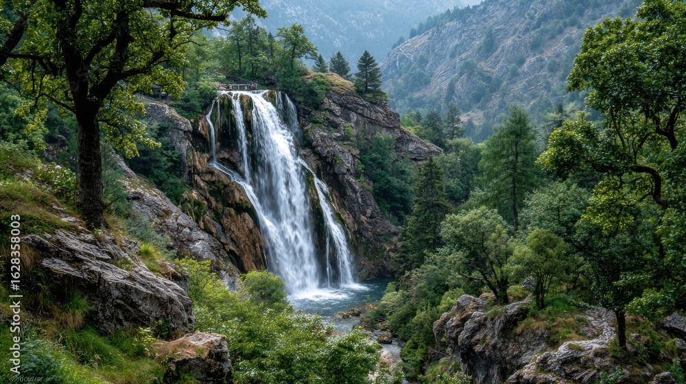 Fototapeta premium Majestic waterfall cascading down rocky cliffs, framed by lush green foliage and mountains